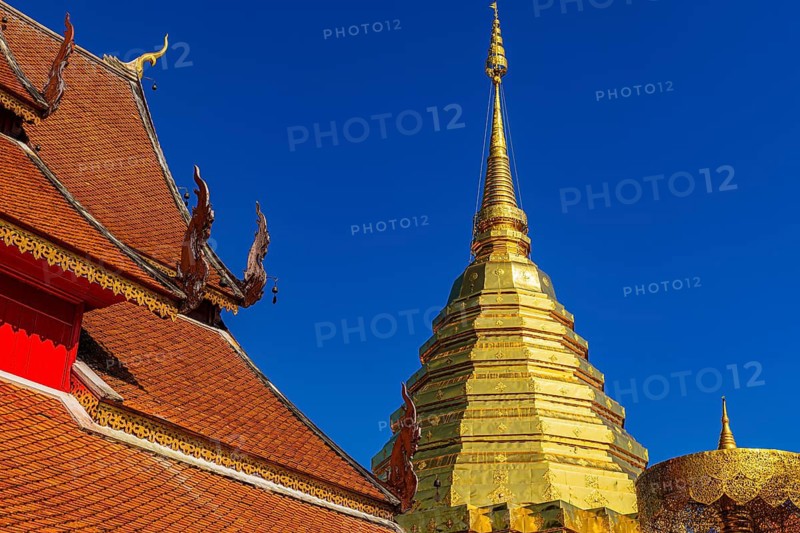 Gilded Chedi temple tower, stupa and gilded canopy, Wat Phra That Doi Suthep temple complex, Chiang Mai, Thailand