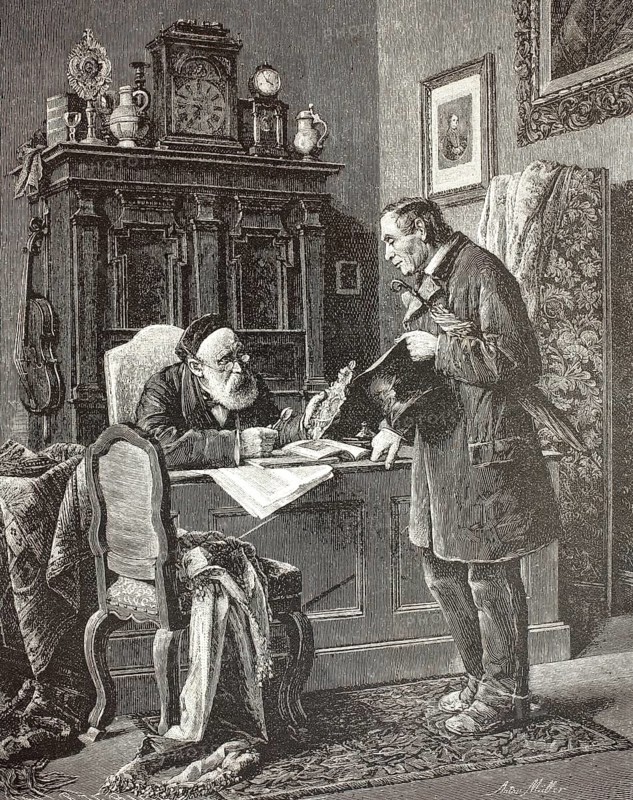 Emigration agent. An elderly, bearded man is sitting at his massive desk wearing glasses and a cap. He reviews documents or looks up a book to advise the customer. A man dressed ready to travel stands in front of the table wearing a hat and an umbrella clamped under his arm. He looks closely at the papers that are supposed to seal his future overseas, illustration, reproduction from a 19th-century model. Authentic, file restored for optimal use, exact date of submission unknown, historical