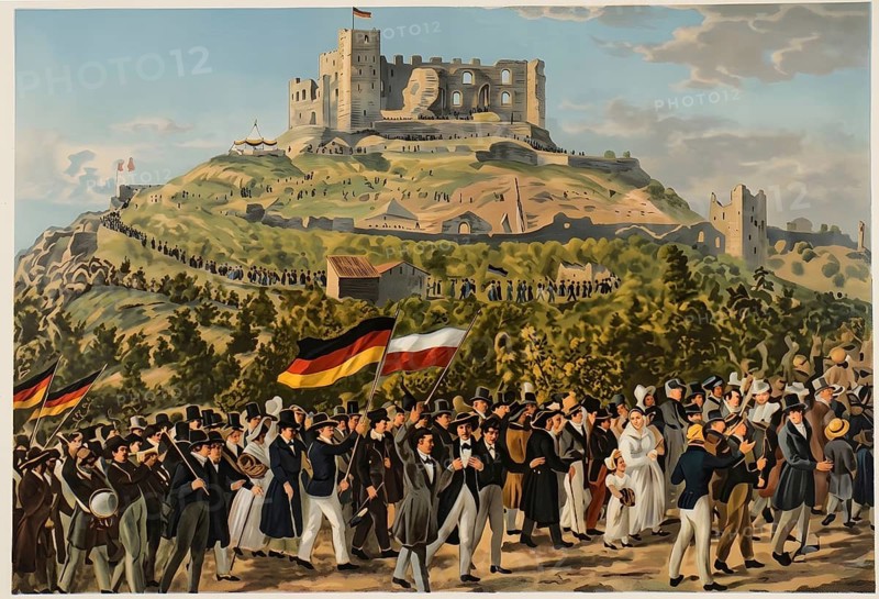 Hambacher Fest, political people's assembly, democracy, castle, nation, German Confederation, politics, historical illustration, digitally edited