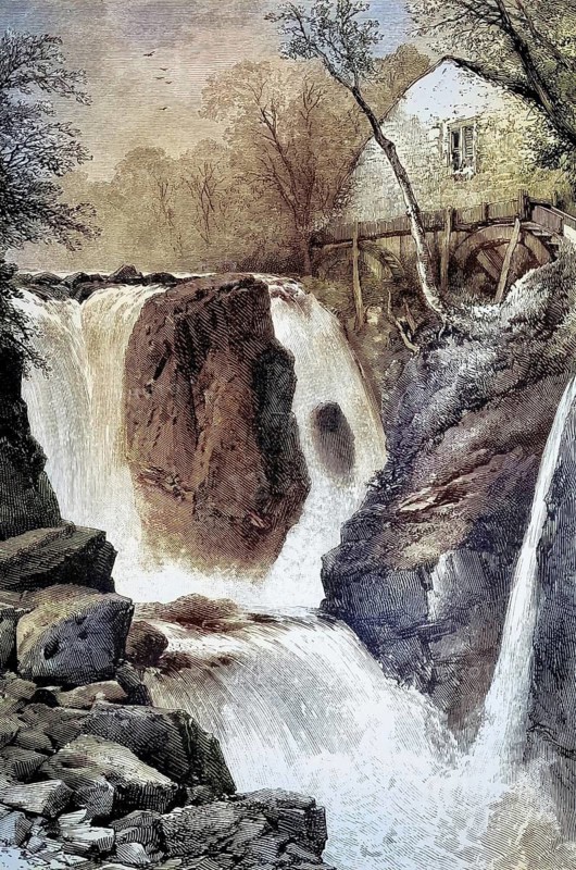 Pandy Mill and associated waterfall near Betws-y-Coed in North Wales, Wales, illustration, reproduction from a 19th-century model. Authentic, file restored for optimal use, exact date of original unknown, historical, nostalgically colored