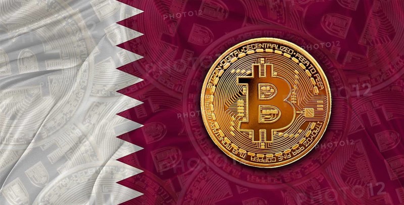 Investors in Blockchain Technology with Qatar flag background. Bitcoin cryptocurrency with Qatari flag