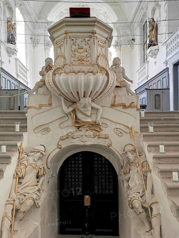 Entrance to the crypt and pulpit in the baroque castle church of St. Michael in the Castle, Harburg, Donau-Ries district, Swabia, Bavaria, Germany