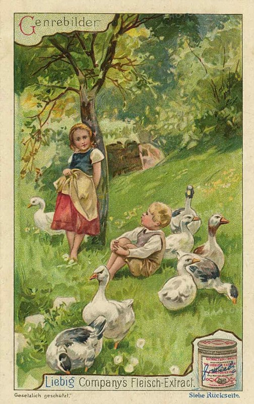 Picture series of genre paintings, showing an everyday, rural scene with children and geese, picture of love, digitally restored reproduction of a collector's painting from around 1900, exact date unknown