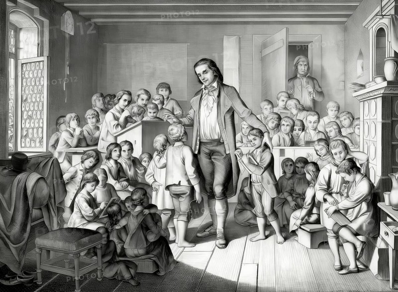 Pestalozzi with the orphans of Stans, school for orphans, Stans, canton of Nidwalden, Switzerland, Johann Heinrich Pestalozzi, 1746 - 1827, Swiss pedagogue, educational reformer, digitally edited based on a historical illustration