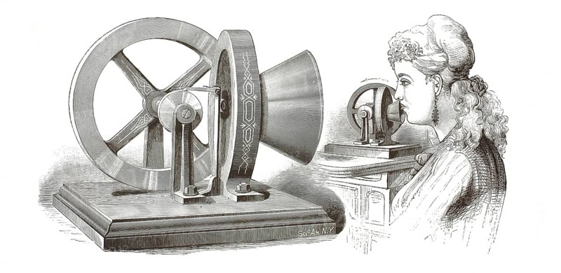 Illustration shows the phonomotor, also known as a vocal machine, which Thomas Edison invented in 1878 to demonstrate the mechanical power of sound waves. The device converts sound energy from the voice into a rotational movement that drives a flywheel, illustration, reproduction from a 19th-century original. Authentic, file restored for optimal use, exact date of submission unknown, historical