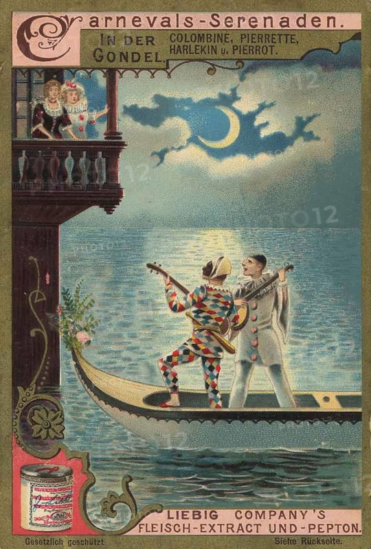 Picture series Carnival Serenades, Harlequin and Pierrot serenading a woman in a gondola, picture of love, digitally restored reproduction of a collector's painting from around 1900, exact date unknown