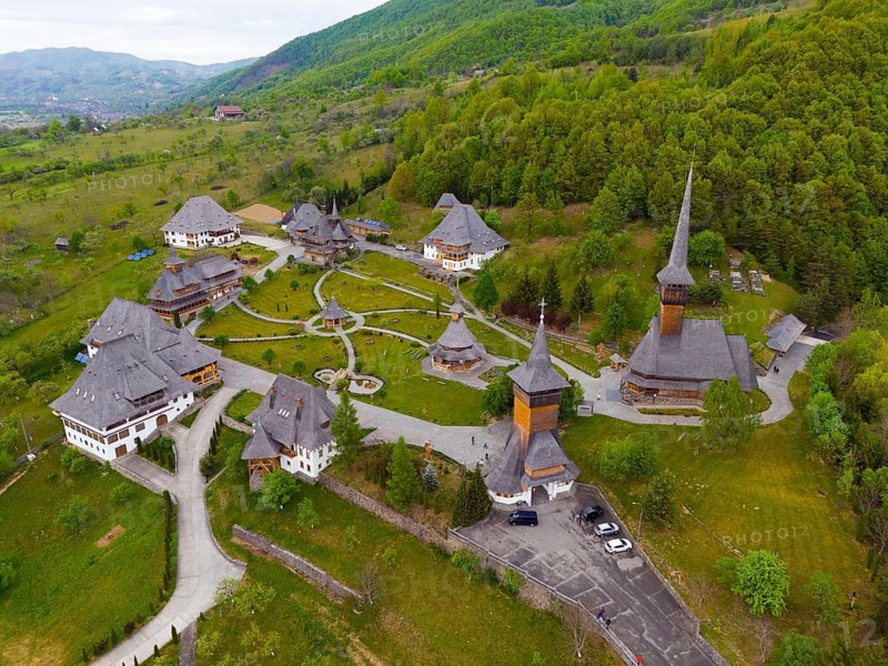 Monastery surrounded by nature, surrounded by dense vegetation, from a bird's eye view, Bârsana monastery, Barsana, Maramure?, Maramures, Maramuresh region, Romania