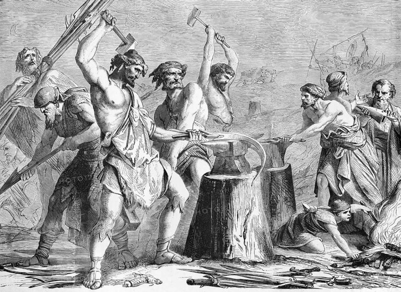 Bible, Old Testament, swords to ploughshares, Bible passage, prophecy, Isaiah, Micah, spears of sickles, peace, peace symbol, reconciliation, disarmament, renunciation of violence, hope, justice, international understanding, God's word, peace movement, symbolism, conversion, humanity, harmony, vision of peace, hammer, anvil, work, crafts, men, historical illustration around 1850