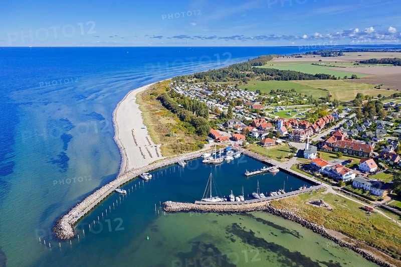 Aerial view over sailing boats and in the marina, harbour of Timmendorf Strand, Insel Poel, island in the Baltic Sea, Mecklenburg-Vorpommern, Germany