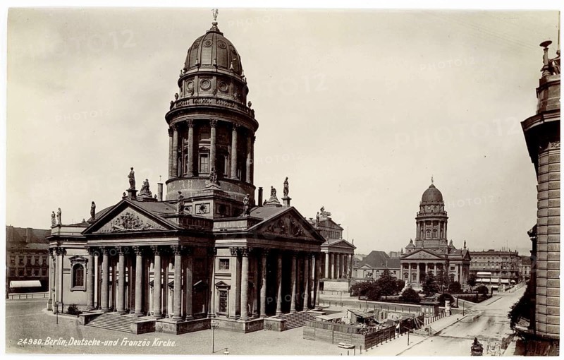 Gendarmernmarkt, German and French Cathedral, Deutsches Schauspielhaus, historical view of a church with dome in urban surroundings, Berlin, Mitte, 1880, Francis Frith