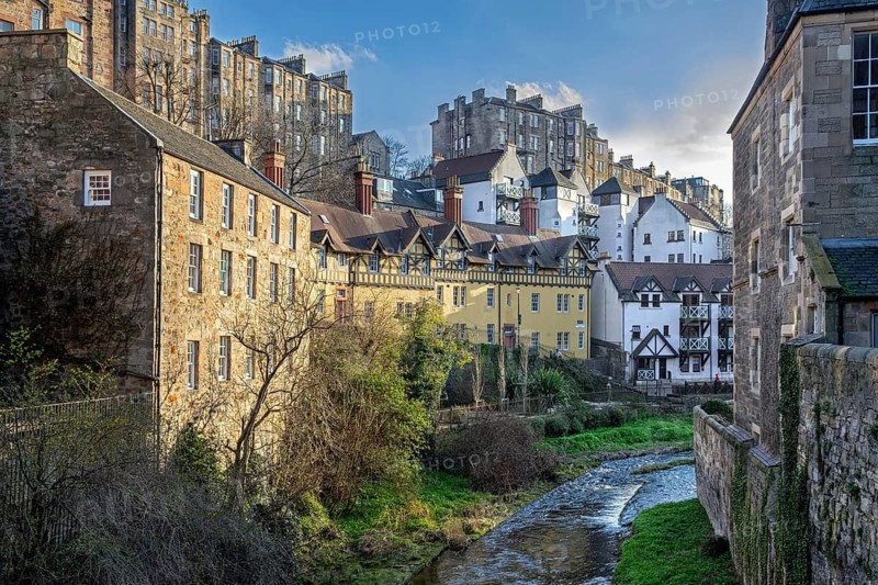 Water of Leith, river flowing through Dean Village, former grain milling area northwest of the city centre of Edinburgh, Scotland, UK