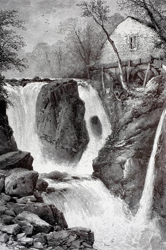 Pandy Mill and associated waterfall near Betws-y-Coed in North Wales, Wales, illustration, reproduction from a 19th-century model. Authentic, file restored for optimal use, exact date of submission unknown, historical