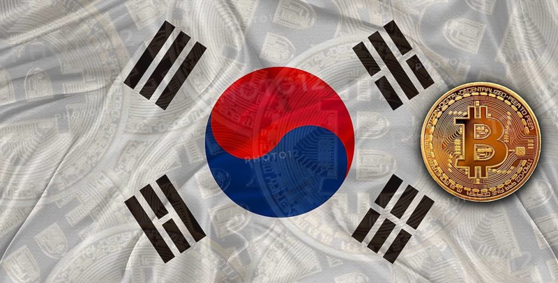 Investors in Blockchain Technology with South Korea flag background. Bitcoin cryptocurrency with South Korean flag