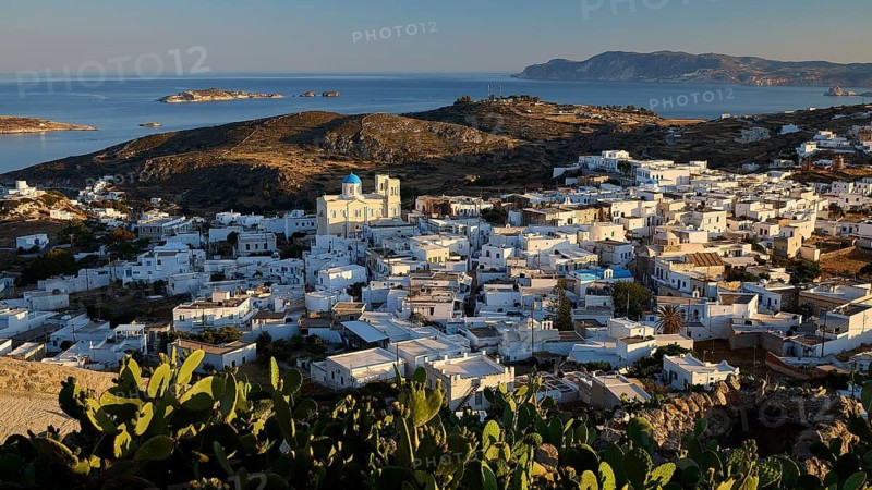 Church, Panagia Odigitria, white houses and a blue domed church on a Greek island with sea view, main town on Kimolos, Kimolos, Chorio, Kimolos island, neighboring island of Milos, Cyclades, Greek islands, Greece