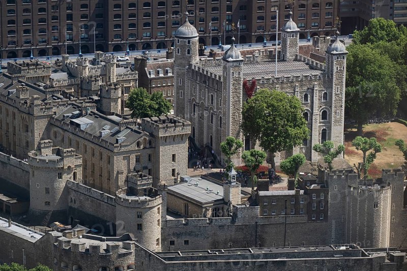 View of the Tower of London from Sky Gardens on a sunny day, important part of the historic royal palaces where the Crown Jewels are located, London, England, Great Britain