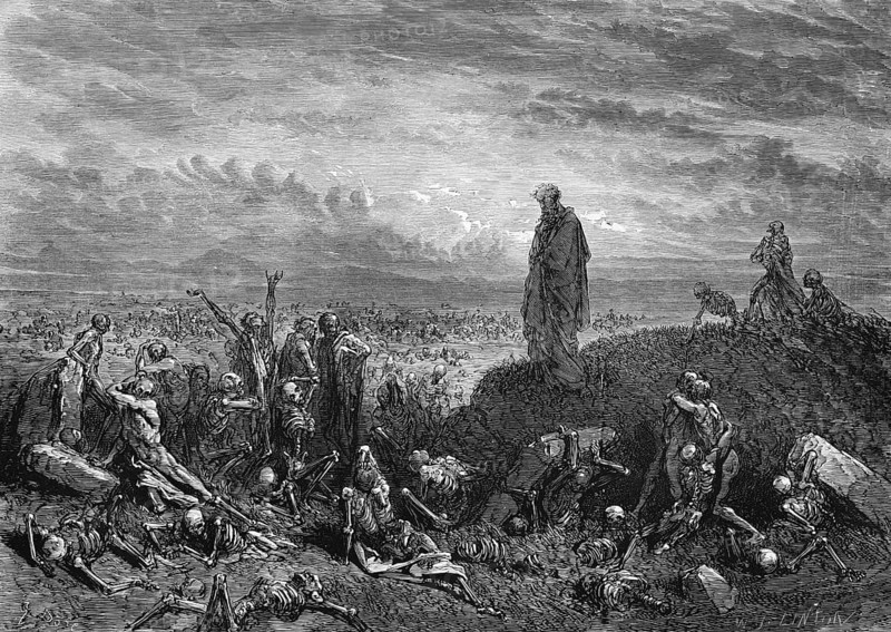 Ezekiel's face of the dead bones, Bible, Old Testament, book of Ezekiel, Ezekiel 37, prophet Ezekiel vision of the dead bones, valley resurrection, hope, renewal, God's spirit, breath of life, prophecy, prophecy, revelation, divine miracle, redemption, faith, promise, spiritual renewal, comfort, faith, death, skeleton, bones, bones, symbolism, divine power, skeletons, chaos, skeleton, despair, darkness, battlefield, grief, historical illustration around 1850