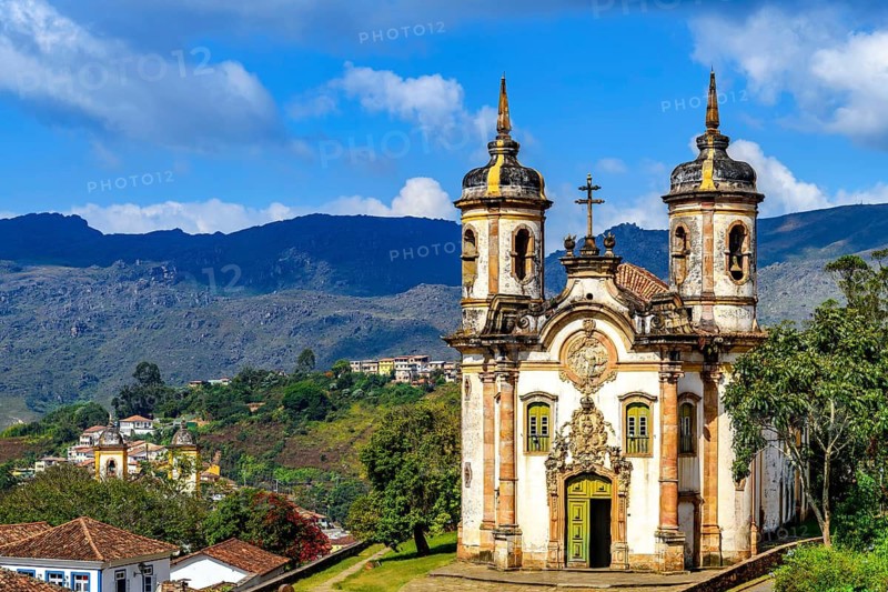 Mountains and Baroque churches in the historic city of Ouro Preto in Minas Gerais, Ouro Preto, Minas Gerais, Brazil