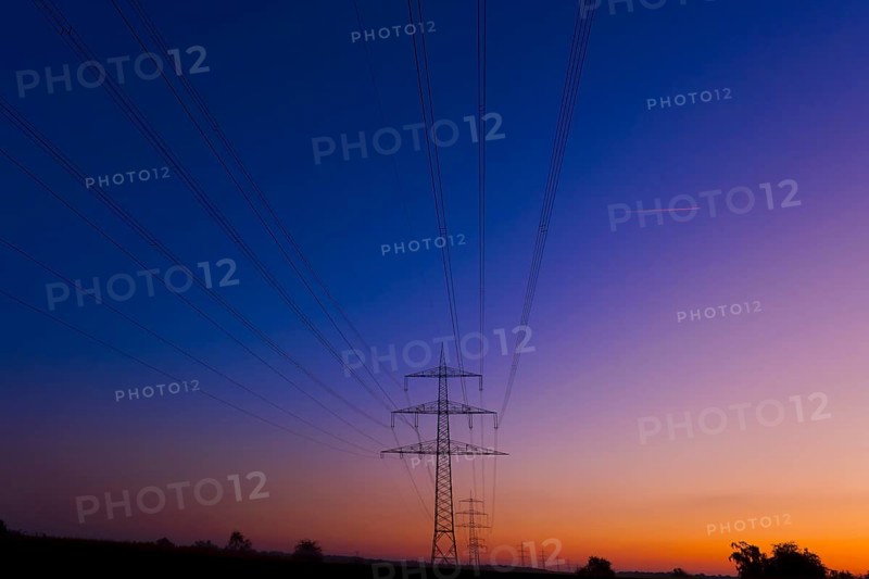 Transmission lines in front of sunset, power line, electricity, energy