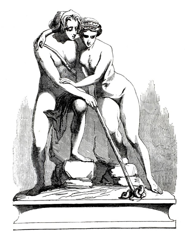 Daphnis and Chloe, the romantic shepherd story. Two abandoned foundlings are raised by shepherd families on the Greek island of Lesbos. While herding sheep and goats together, they fall in love, marble group around 1860, illustration, reproduction from a model from the 19th century. Authentic, file restored for optimal use, exact date of submission unknown, historical