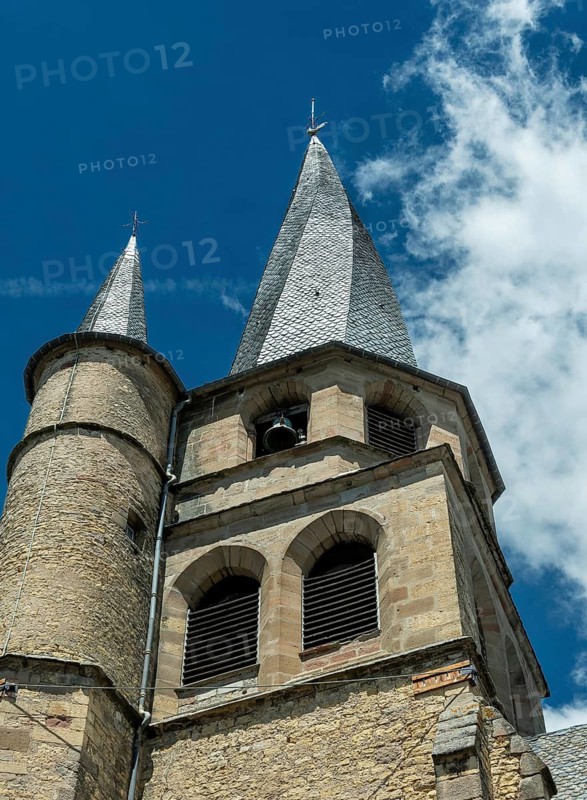 Saint Come d'Olt labelled Les Plus Beaux Villages de France, wisted steeple church, Church of St Come and St Damien, Aveyron, Occitanie, France