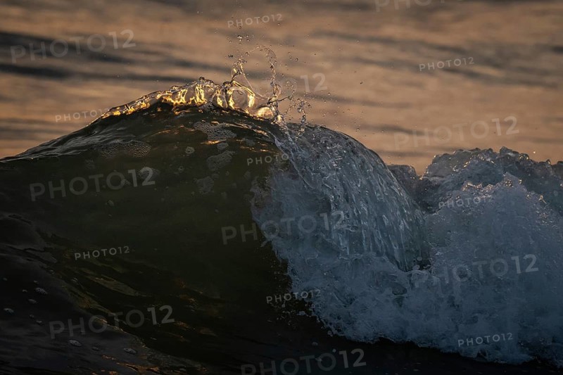 Detail, splashing seawater, breaking wave in evening light, Houvig Beach, North Sea, Denmark