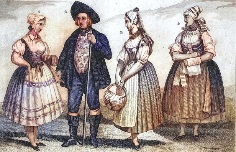 Traditional clothing styles and culture from the 19th century. Bavaria, Germany, farmers from Mistelgau near Bayreuth, Augsburg and Gochsheim near Würzburg, illustration, reproduction from a model from the 19th authentic, file restored for optimal use, exact date of original unknown, historical, nostalgically colored