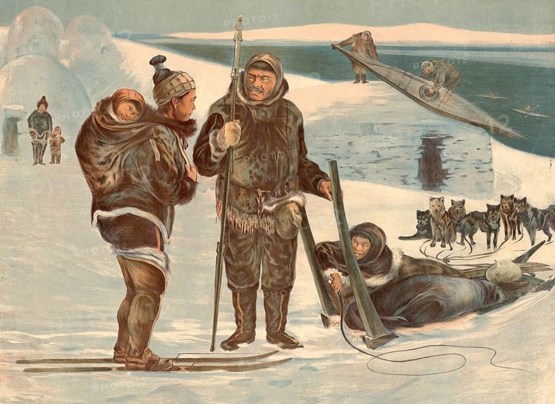 Departure or return from a traditional Eskimo hunting trip. The entire family wears the insulating fur clothing made of seal skin or reindeer skin typical of the Arctic region. The mother carries her toddler on her back in a special hood, Amauti. Dog sled with a tight pack of polar dogs, school picture, illustration, reproduction of a model from the 19th century. School picture, mural, authentic, file restored for optimal use, exact date of original unknown, historical