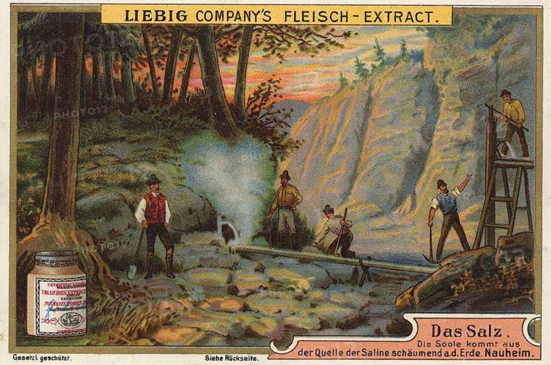 Salt picture series, salt production in Nauheim. The picture shows workers working on a wooden gutter and scaffolding to transfer the brine for further processing in the salt works, Liebigbild, digitally restored reproduction of a collector's painting from around 1900, exact date unknown