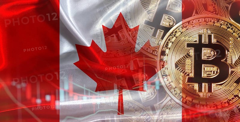 Bitcoin cryptocurrency with Canada flag, Investors in Blockchain Technology. Canadian flag with Bitcoin in the background