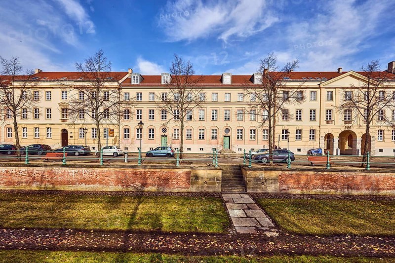 Old city canal, drained historic canal, historic residential buildings, residential buildings, rental house, lantern, metal railings, bare winter trees, blue sky, cumulus clouds, cirrus clouds, Yorckstraße, Potsdam, state capital, district-free city, Brandenburg, Germany