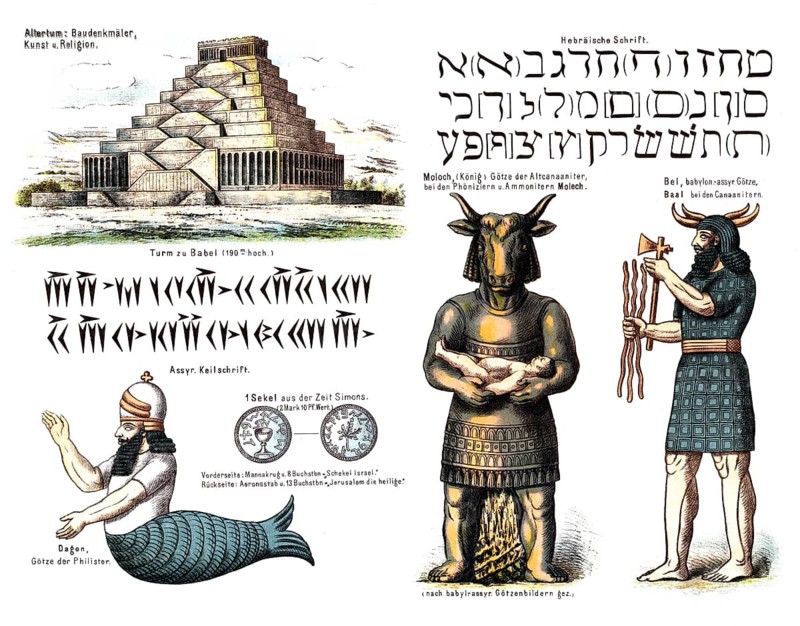 Depictions from Babylonia and Assyria, illustrations of deities such as Moloch, Baal and Dagon, as well as Hebrew characters. In addition, the Tower of Babel with an stated height of 190 meters, Assyrian cuneiform script and an ancient coin, a shekel, are depicted, historical school painting or wall painting from around 1900, high-quality reproduction