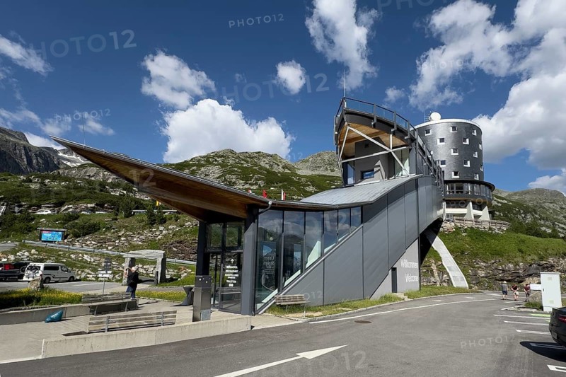 Lower access to Berghotel Malta next to Kölnbreinstaumauer Kölnbreinsperre Kölnbrein Dam dam, in the background cylindrical building of Berghotel Malta, Carinthia, Austria