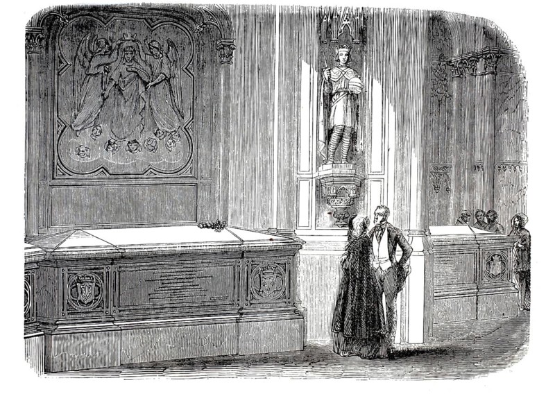Depiction of the tombs of the Duke of Orléans and Princess Marie. It shows the tombs in the Chapelle royale de Dreux, the traditional burial place of the House of Orléans. The final resting places of two well-known members of the royal family, Ferdinand Philippe, Duke of Orléans (eldest son of King Louis-Philippe I) and Princess Marie d'Orléans, Duchess of Württemberg, who died of tuberculosis in 1839 at the age of 25. Illustration, reproduction of a 19th-century original. Authentic, file restored for optimal use, exact date of the original unknown, historical