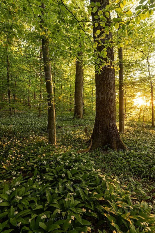 Sunlight through a tall oak (Quercus) in a spring forest with wild garlic (Allium ursinum) and sun star. Kirchheim unter Teck, Baden-Württemberg, Germany
