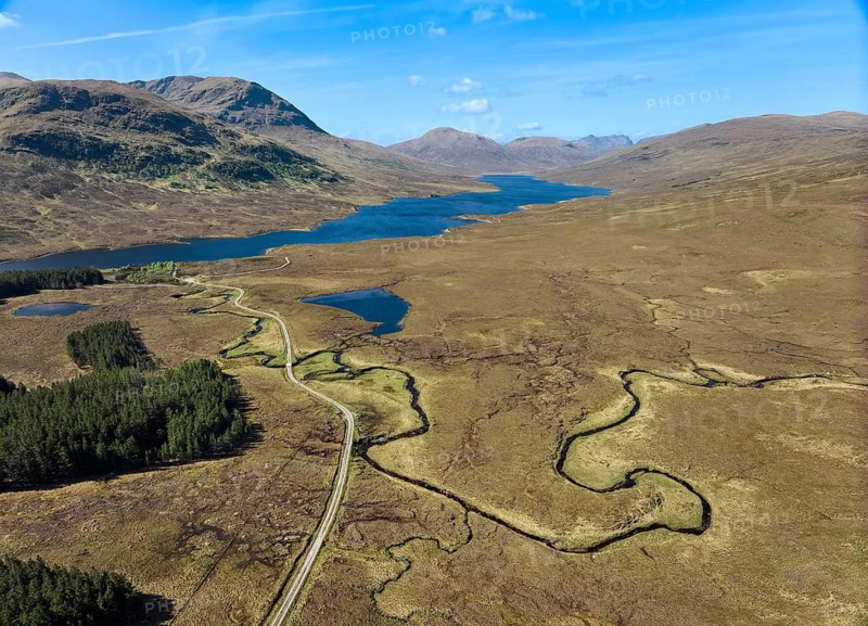 Panoramic aerial photo of the Highland landscape at Loch a Bhraion, Fainmore, Scotland, UK