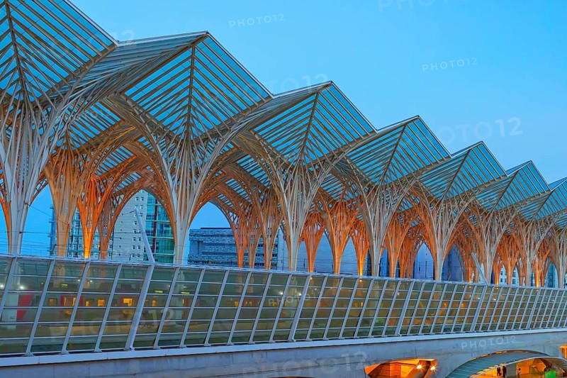 Oriente Railway Station at dusk, Parque das Naçoes, Lisbon, Portugal