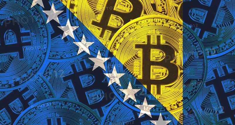 Bosnian flag with Bitcoins in the background. Investors in cryptocurrency and Blockchain Technology in Bosnia and Herzegovina