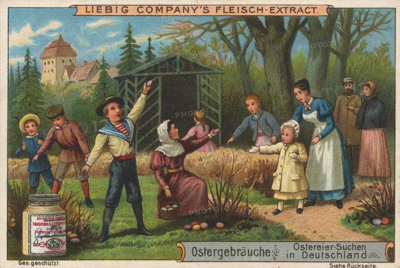 Picture series Easter traditions, idyllic scene of children and adults looking for or throwing Easter eggs outdoors, Germany, Liebigbild, digitally restored reproduction of a collector's painting from around 1900, exact date unknown