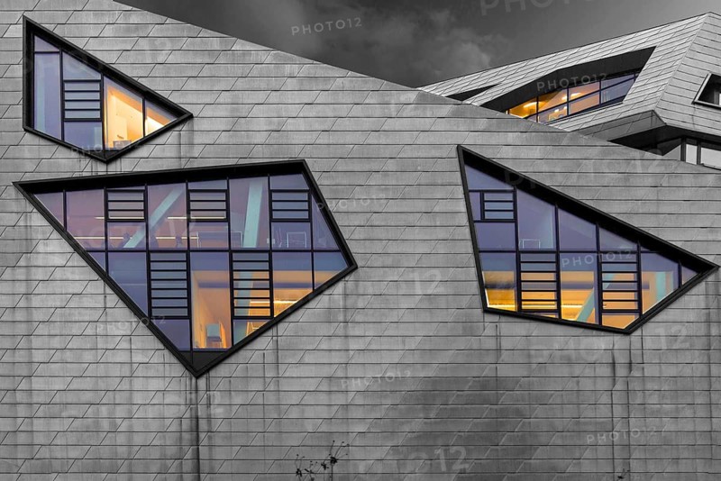 Detailed view of the modern university building by American architect Daniel Liebeskind, black and white, Lüneburg, Lower Saxony, Germany