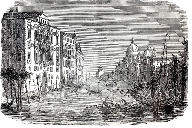 Grand Canal in Venice, Italy around 1880. In the background on the right rises the distinctive dome of the famous Baroque church of Santa Maria della Salute. In the foreground and on the water, you can see traditional Venetian gondolas and historic transport boats with sails reflecting everyday life of the 19th century, illustration, reproduction from a 19th-century model. Authentic, file restored for optimal use, exact date of submission unknown, historical