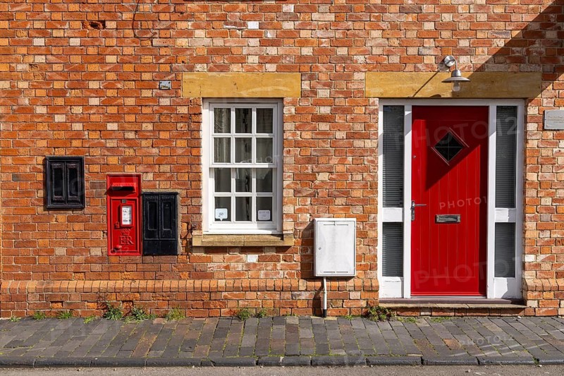 House wall, window, red door, red mailbox, Bretforton, The Cotswolds, England, Great Britain