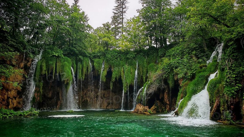 Many waterfalls flow over moss-covered rocks into a green lake, nestled in lush nature, Plitvice Lakes National Park, Croatia