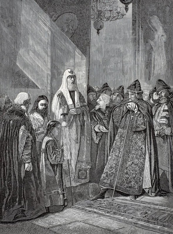 Historical scene in which Metropolitan Philip rebuked Tsar Ivan the Terrible. The scene shows the moment when Metropolitan Philip II of Moscow steadfastly refused to bless the tyrannical Tsar Ivan IV, on the right in a richly decorated cloak, illustration, reproduction from a 19th-century model. Authentic, file restored for optimal use, exact date of submission unknown, historical