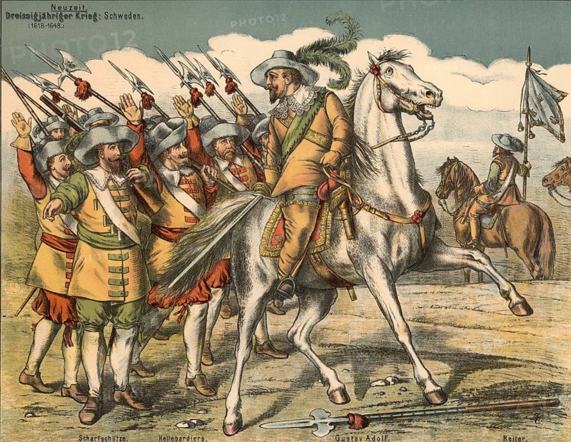 King Gustav II Adolf of Sweden in the Thirty Years' War, 1618-1848, group of soldiers behind the king equipped with long polearms, halberds, school picture, illustration, reproduction of a model from the 19th century. School picture, mural, authentic, file restored for optimal use, exact date of original unknown, historical