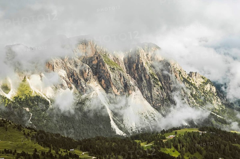 Dramatic limestone cliffs rock formations scree slopes dense alpine pine forest low clouds mist mountain peaks background Seceda Dolomites South Tyrol Italy summer landscape