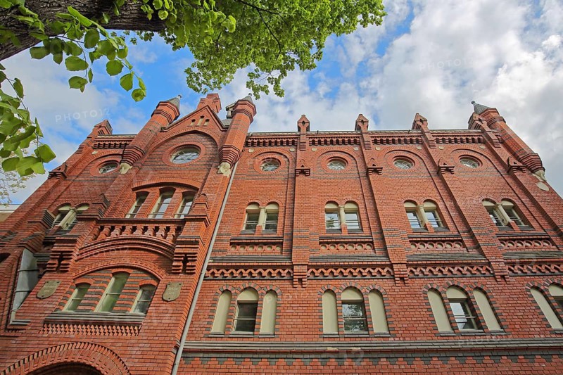 Wine warehouse, brick building, looking up, Katharinenkirchplatz, Neustadt, Brandenburg an der Havel, Havelland, Brandenburg, Germany