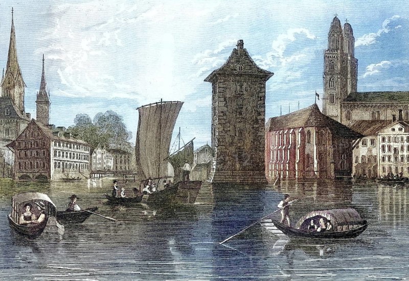 Zurich in 1870, Lake Zurich and city, Switzerland, illustration, reproduction from a model from the 19th century. Authentic, file restored for optimal use, exact date of original unknown, historical, nostalgically colored