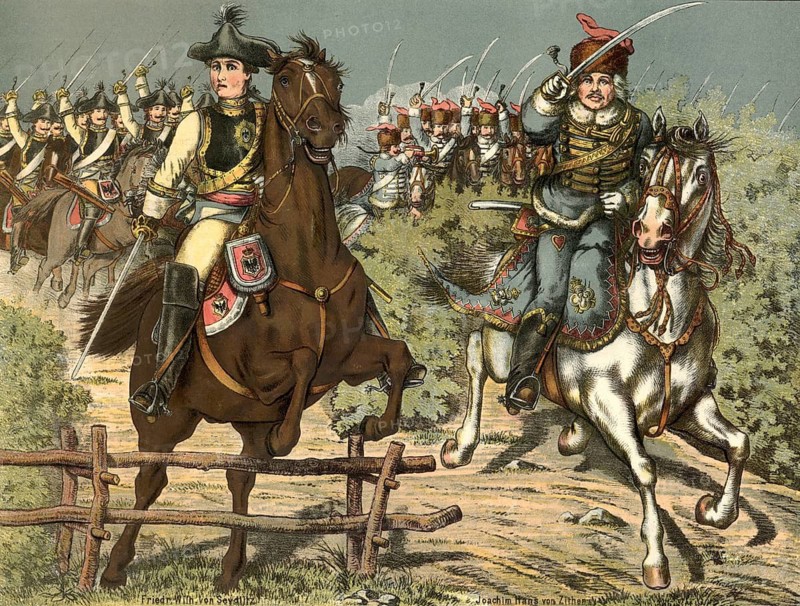 The Seven Years' War, Friedrich Wilhelm von Seydlitz and Hans von Zithen. Friedrich Wilhelm Baron von Seydlitz-Kurzbach (3 February 1721 – 8 November 1773), Prussian Lieutenant-General of the Cavalry. Hans Joachim von Zieten, known as ‘Zieten aus dem bush' (14 May 1699 – 27 January 1786), Prussian General of the Cavalry. The Seven Years' War, 1756 to 1763: all the major European powers of the time fought for a balance of power and territorial gains in Europe, school picture, illustration, reproduction of a 19th-century original. School picture, wall hanging, authentic, file restored for optimal use, exact date of the original unknown, historical