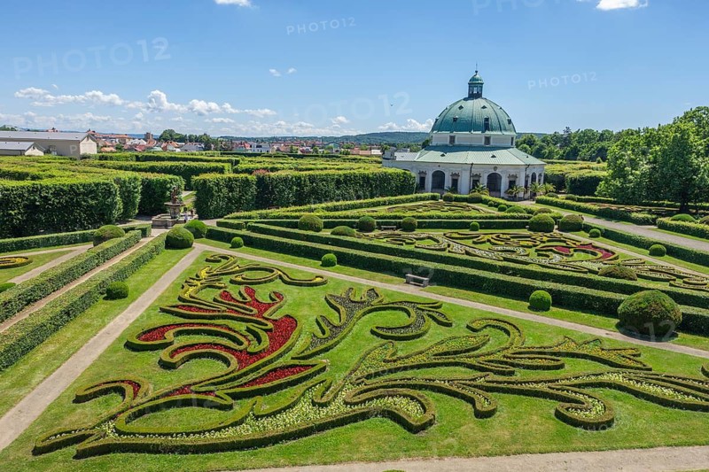 View of the flower garden and rotunda from the colonade, Kromeríž, Zlínský kraj, Czech Republic