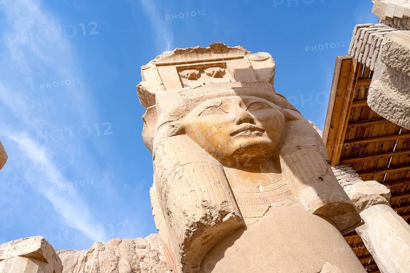 The Hathor capital columns, iconic ancient Egyptian pillars featuring the face of the goddess Hathor at the Temple of Hatshepsut, Luxor. Egypt
